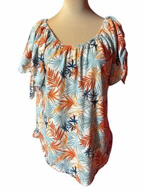 Cure Tropical Palm Print Off Shoulder Blouse Orange Blue Size M